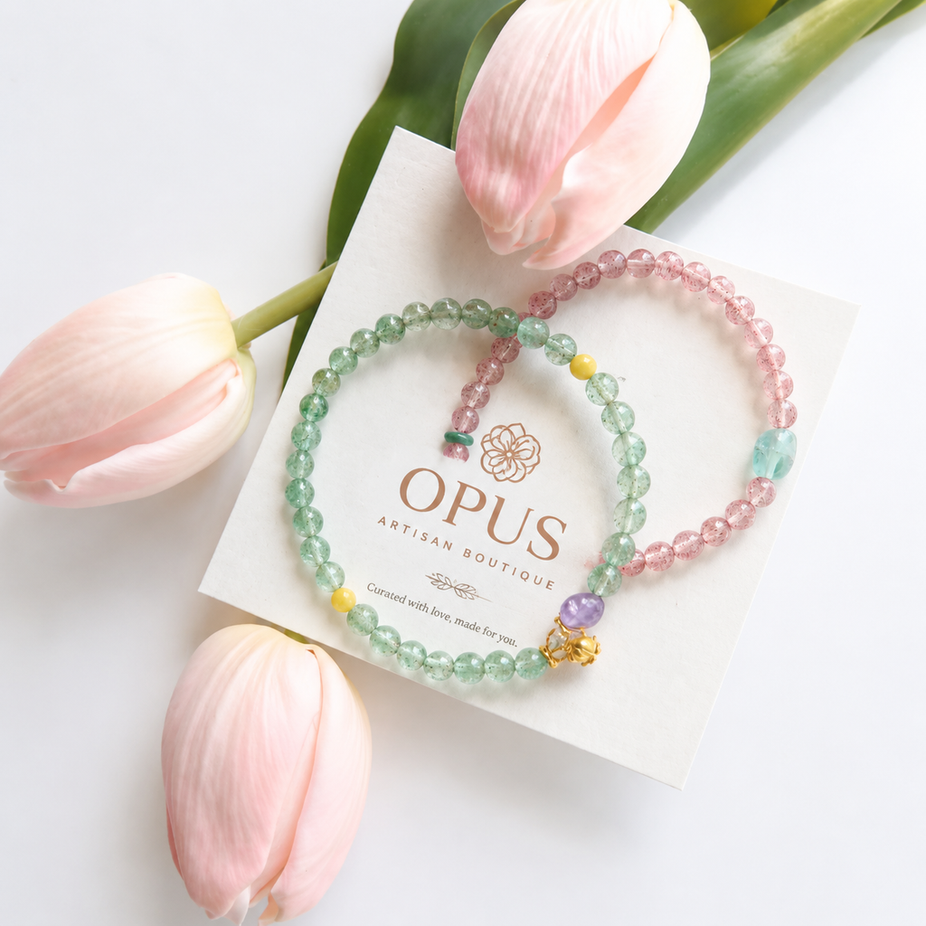 Opus Green Strawberry Quartz, Amethyst & Amber Beaded Bracelet
