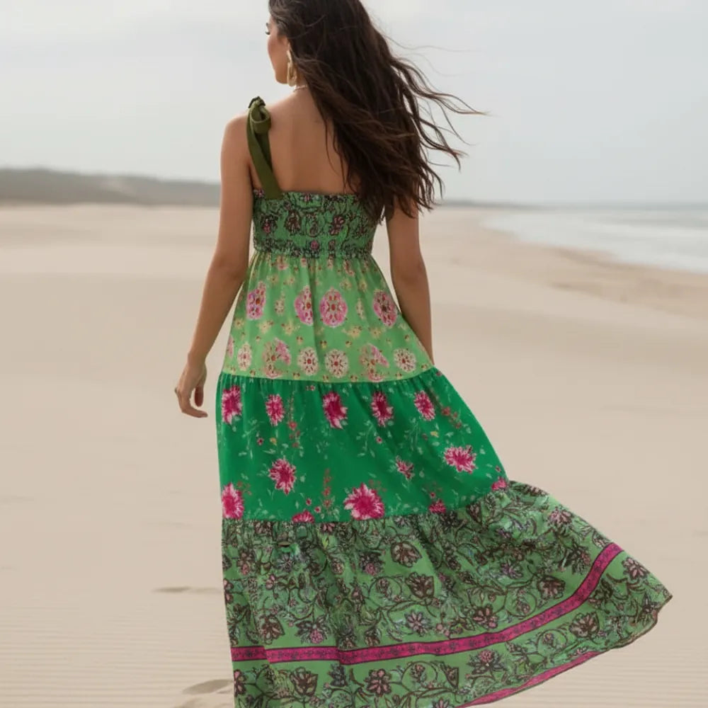 OPUS Vintage Floral Ribbon Tie Maxi Dress - Green