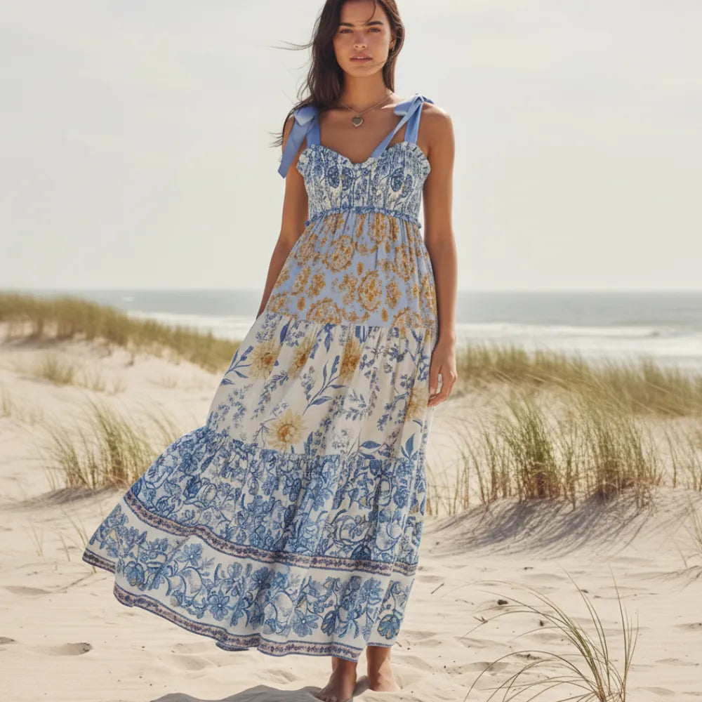 OPUS Vintage Floral Ribbon Tie Maxi Dress - Blue