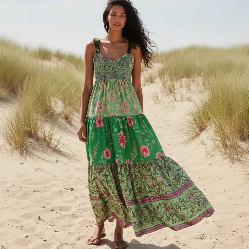 OPUS Vintage Floral Ribbon Tie Maxi Dress - Green