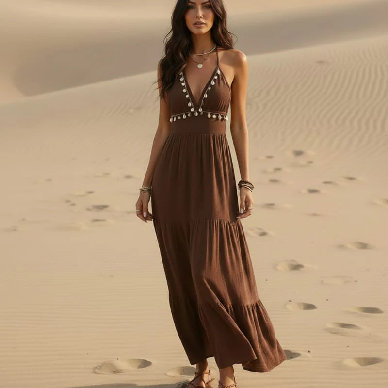 OPUS Boho Halter V-Neck Open Back Maxi Dress