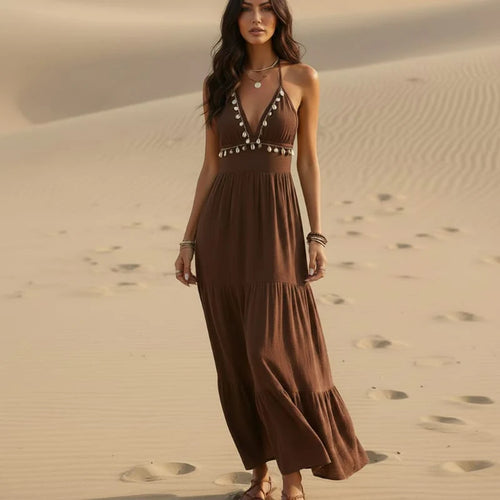 OPUS Boho Halter V-Neck Open Back Maxi Dress