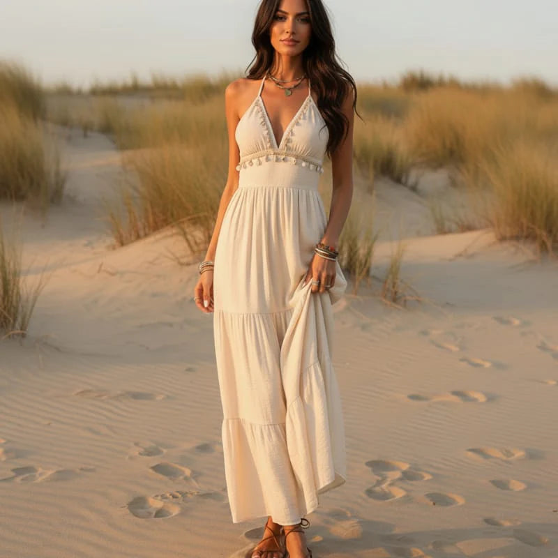 OPUS Boho Halter V-Neck Open Back Maxi Dress